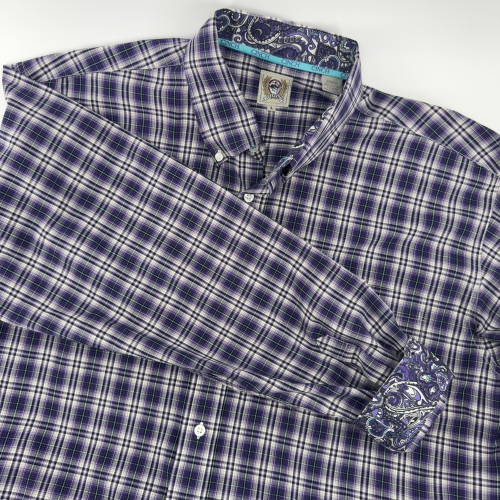 Cinch Mens Purple Plaid Long Sleeve Western Button Down Shirt Large Paisley Trim